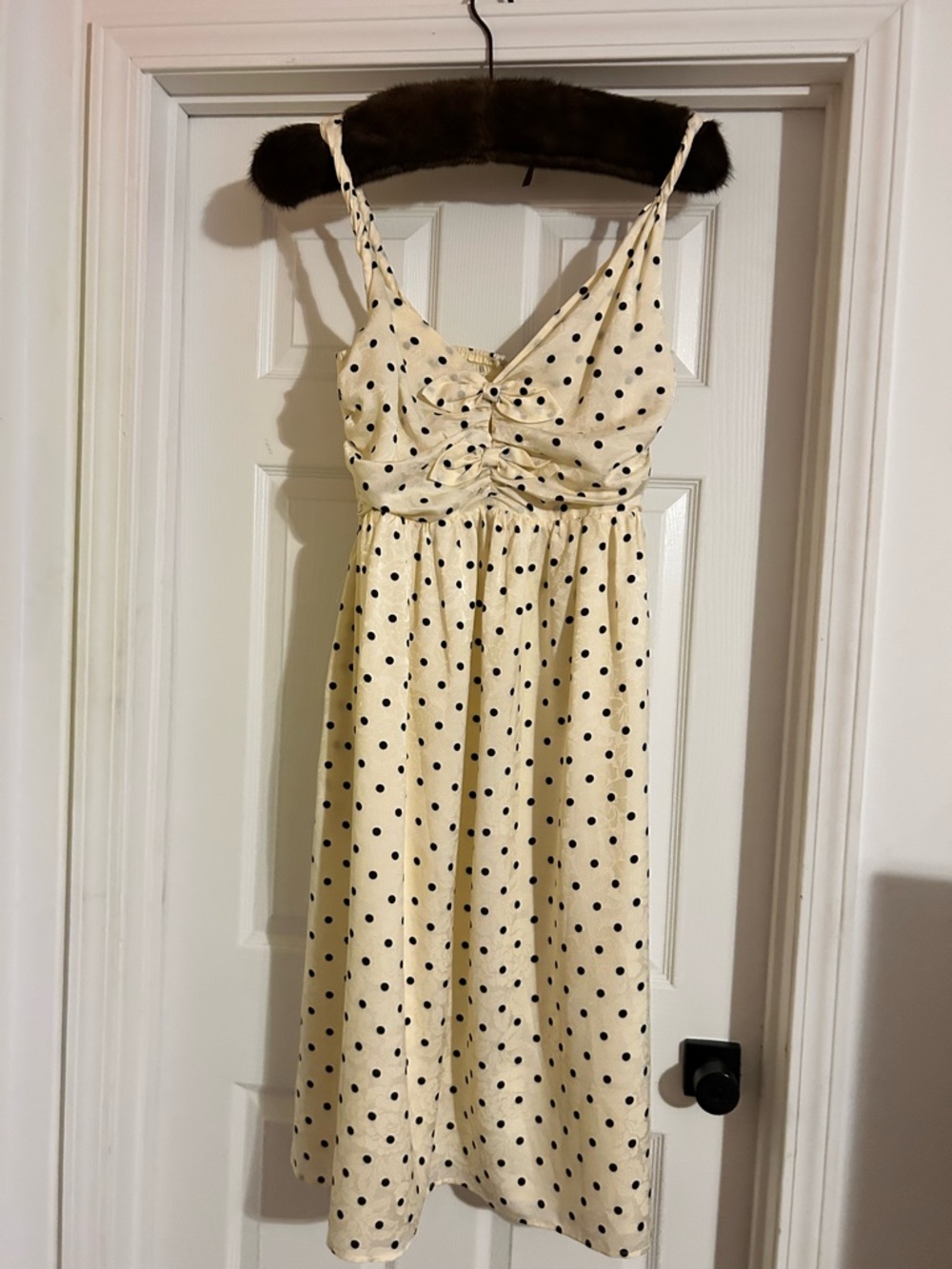 NWT AUREUM cream Ruched Polka Dot Bow Dress (has pockets!)
